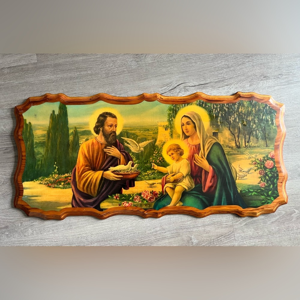 Large Vtg Wood Picture Holy Family & Dove Wall Hanging lacquered finish  31”X14”